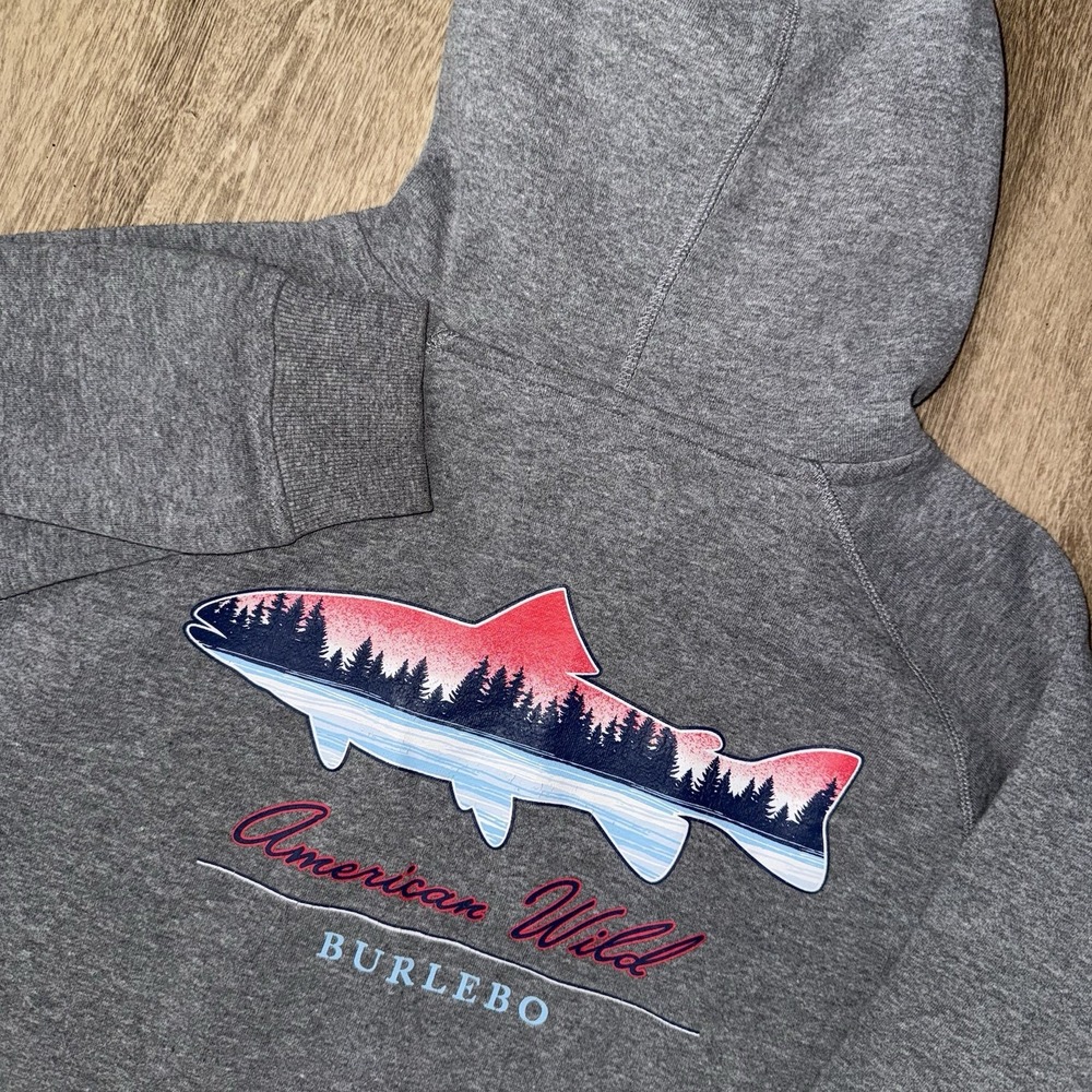Burlebo Fleece Pullover Hoodie Men's Medium Grey American Wild Fish Stretch
